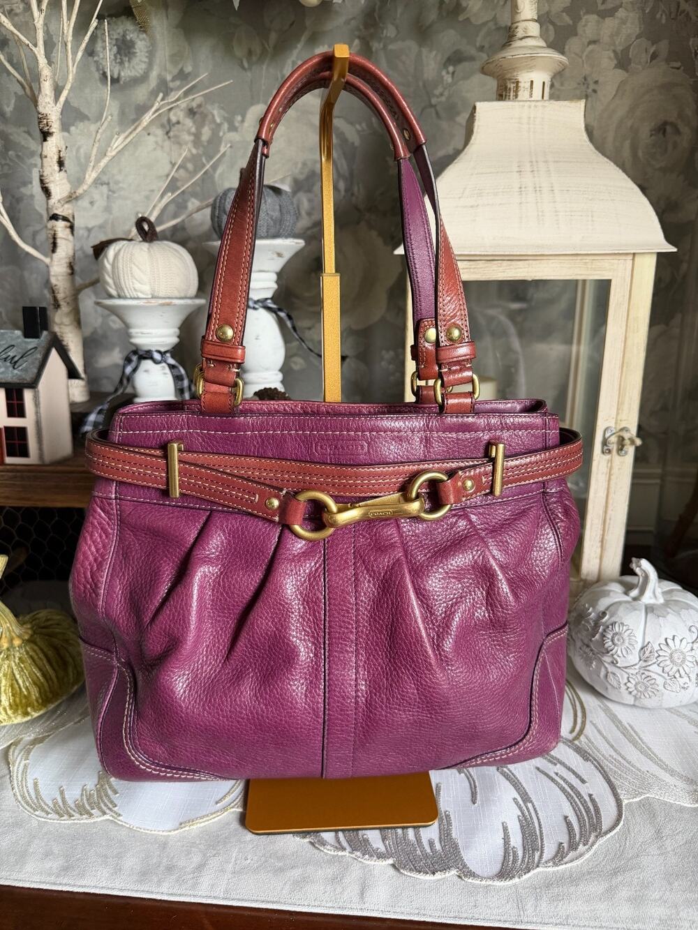 Y2K Coach HAMPTONS Purple Leather Belted Carryall Handbag Purse 12476